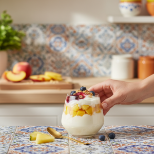 Yogurt parfait with fresh fruit in glass bowl.